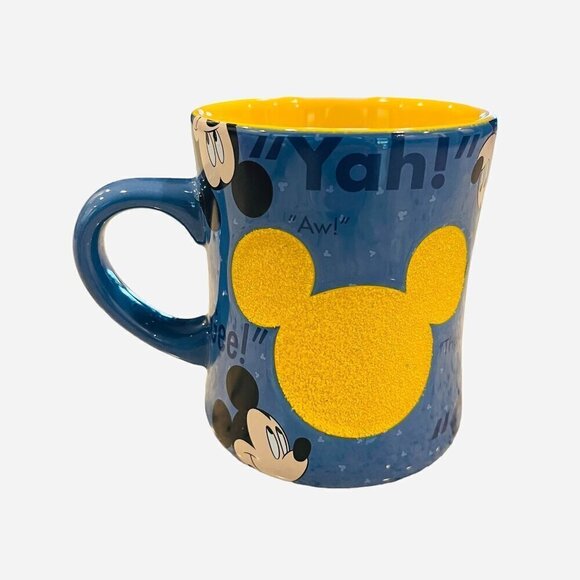 Disney Parks Mickey Mouse Retro Mug Blue Yellow Glitter Textured "Gosh" "Oh Boy" - Picture 3 of 7